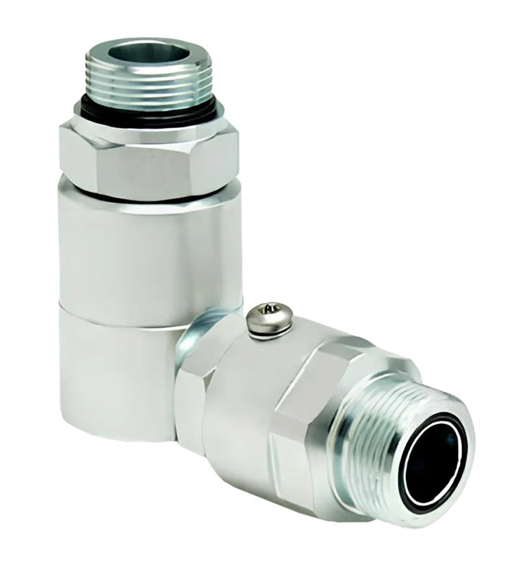 9DP8MO10XMFS10-NI-V by Super Swivel | DP8653-NI-V | Dual Plane Swivel | 7/8-14 Male O-Ring ORB x 1-14 Male Face Seal MFS | 0.291" Through Hole | 90° Elbow | Electroless Nickel | Viton Seal