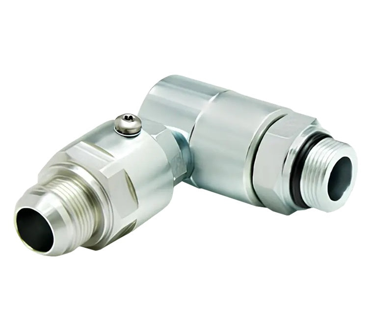 9DP4MO4XMJ4-NI-AL by Super Swivel | DP6974-NI-AL | Dual Plane Swivel | 7/16-20 Male O-Ring ORB x 7/16-20 Male 37° JIC | 0.172" Through Hole | 90° Elbow | Electroless Nickel | AFLAS Seal