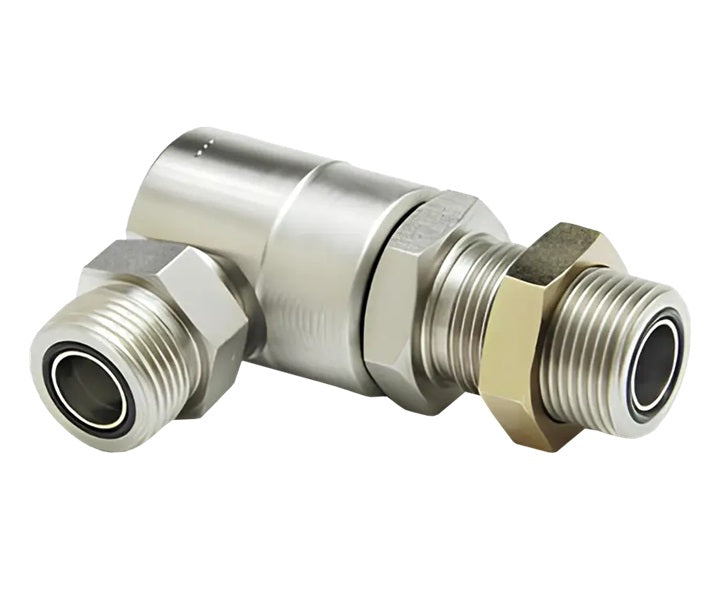 9SS16MFSB16XMFS16-NI-V by Super Swivel | 7843-NI-V | 1-7/16-12 Male Face Seal Bulkhead MFSB x 1-7/16-12 Male Face Seal MFS | 0.484" Through Hole | 90° Elbow | Electroless Nickel | Viton Seal