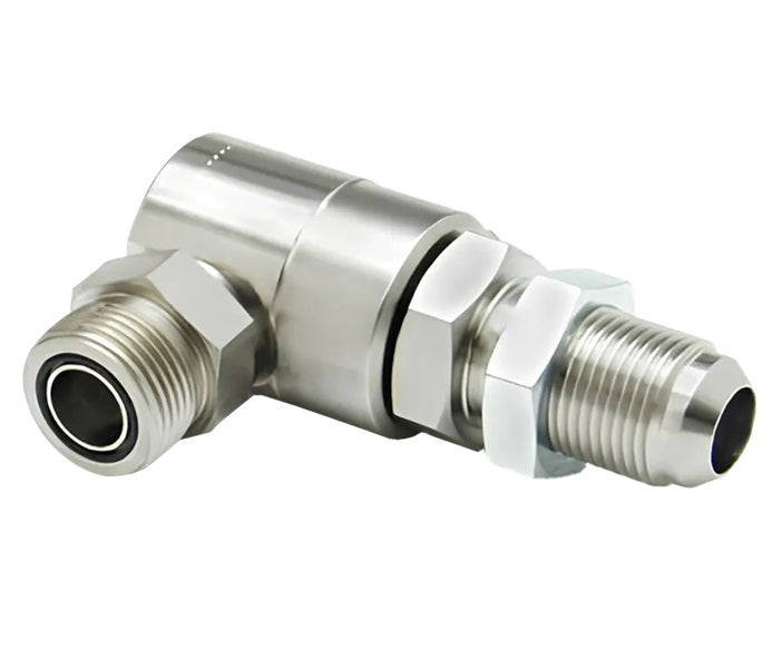 9SS8MJB10XMFS6-Z-AL by Super Swivel | 8331-Z-AL | 7/8-14 Male 37° JIC Bulkhead x 11/16-16 Male Face Seal MFS | 0.265" Through Hole | 90° Elbow | Zinc | AFLAS Seal