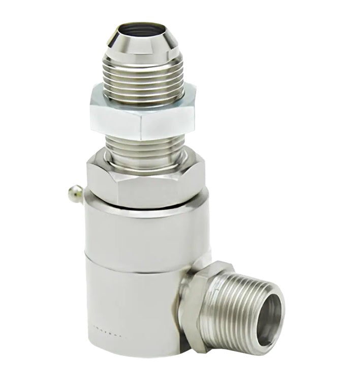 9SS8MJB8XMP38-Z-V by Super Swivel | 7500-Z-V | 3/4-16 Male 37° JIC Bulkhead x 3/8-18 Male Pipe NPTF | 0.297" Through Hole | 90° Elbow | Zinc | Viton Seal