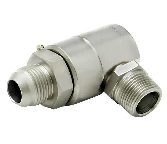 9SS4MJ6XMP25-Ni-AL by Super Swivel | 7404-Ni-AL | 9/16-18 Male 37° JIC x 1/4-18 Male Pipe NPTF | 0.250" Through Hole | 90° Elbow | Electroless Nickel | AFLAS Seal