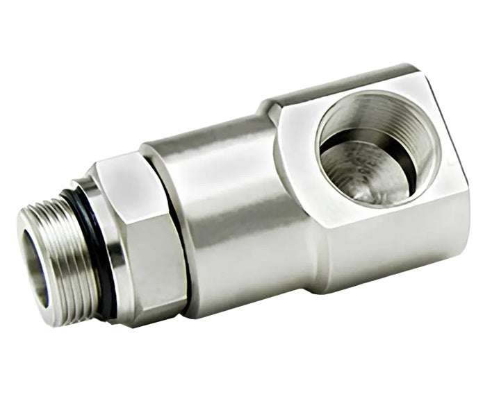9SS8MO8XFP38-Ni-V by Super Swivel | 5613-Ni-V | 3/4-16 Male O-Ring ORB x 3/8-18 Female Pipe NPTF | 0.391" Through Hole | 90° Elbow | Electroless Nickel | Viton Seal