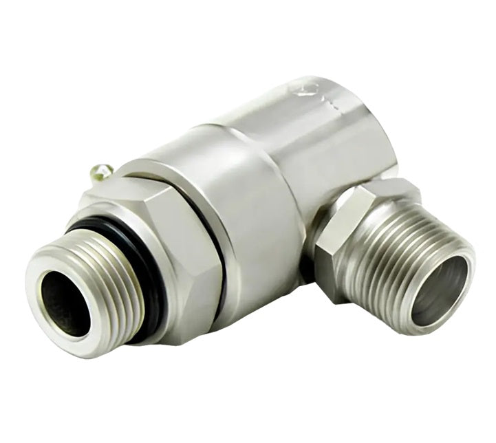 9SS4MO6XMP25-Z-AL by Super Swivel | 7301-Z-AL | 9/16-18 Male O-Ring ORB x 1/4-18 Male Pipe NPTF | 0.250" Through Hole | 90° Elbow | Zinc | AFLAS Seal