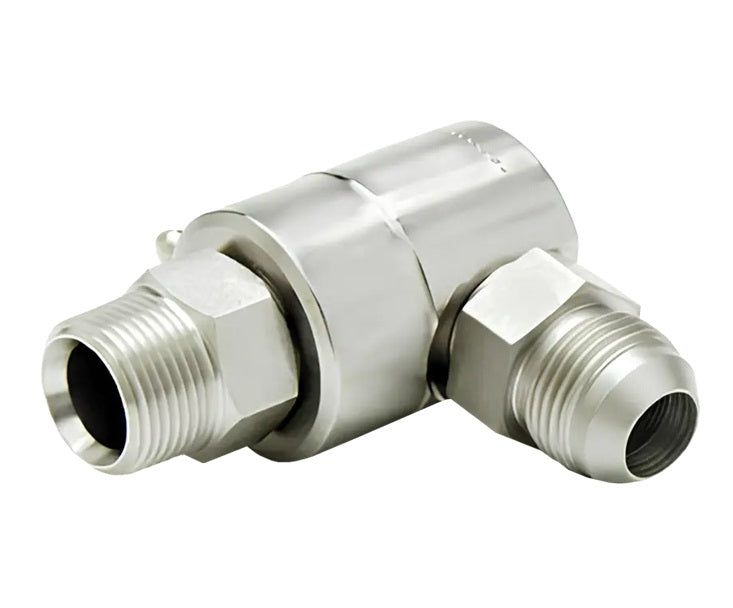 9SS8MP50XMJ8-Z-AL by Super Swivel | 6821-Z-AL | 1/2-14 Male Pipe NPTF x 3/4-16 Male 37° JIC | 0.297" Through Hole | 90° Elbow | Zinc | AFLAS Seal