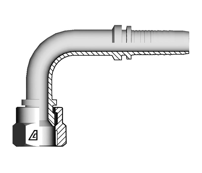 A-1012-FAE9 Alfagomma by Kuriyama | A Series | Two-Piece Hydraulic Hose Fitting | 90° Elbow | -10 Hose ID x -12 Female SAE 45° Seat | Steel