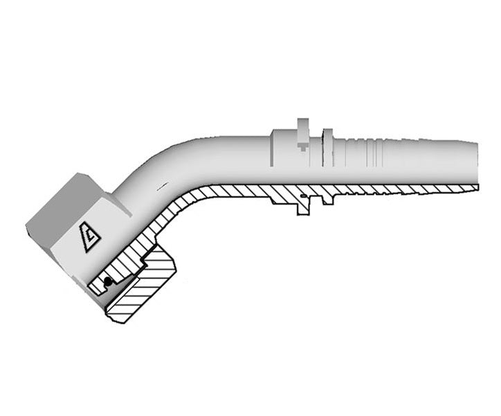 A-1026-FM4L Alfagomma by Kuriyama | A Series | Two-Piece Hydraulic Hose Fitting | 45° Elbow | DIN 3865 Light | -10 Hose ID x M26 Female Metric O-Ring Swivel 24° Seat | Steel