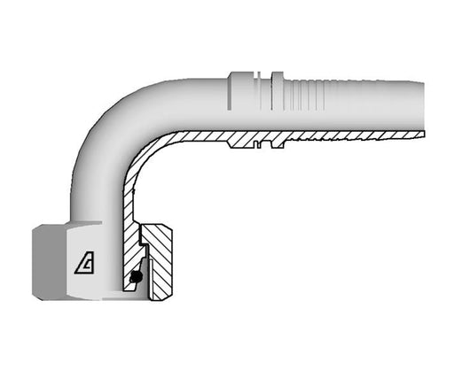 A-0824-FM9H Alfagomma by Kuriyama | A Series | Two-Piece Hydraulic Hose Fitting | 90° Elbow | DIN 3865 Heavy | -08 Hose ID x M24 Female Metric O-Ring Swivel 24° Seat | Steel