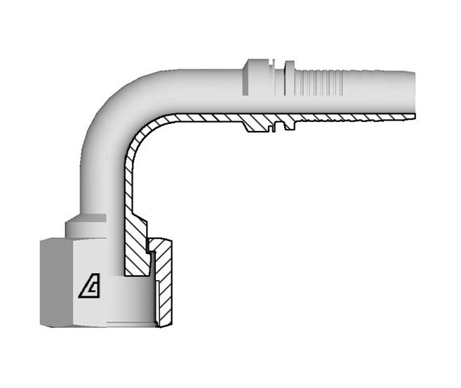 A-0506-FO9M Alfagomma by Kuriyama | A Series | Two-Piece Hydraulic Hose Fitting | 90° Elbow | Medium Drop | -05 Hose ID x -06 Female O-Ring Face Seal Swivel | Steel