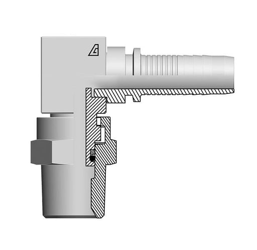 A-0608-MPS9 Alfagomma by Kuriyama | A Series | Two-Piece Hydraulic Hose Fitting | Compact 90° Elbow | -06 Hose ID x -08 Male NPTF Swivel 60° Seat | Steel