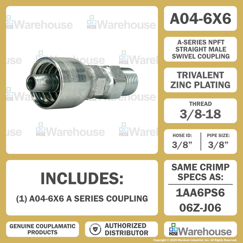 A04-6x6 by Couplamatic | A Series Coupling | 3/8" Hose ID x 3/8-18 Thread Male Swivel NPTF | Straight