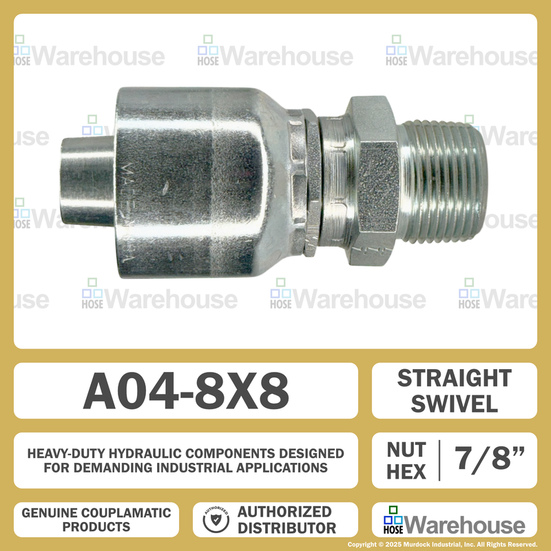 A04-8x8 by Couplamatic | A Series Coupling | 1/2" Hose ID x 1/2-14 Thread Male Swivel NPTF | Straight