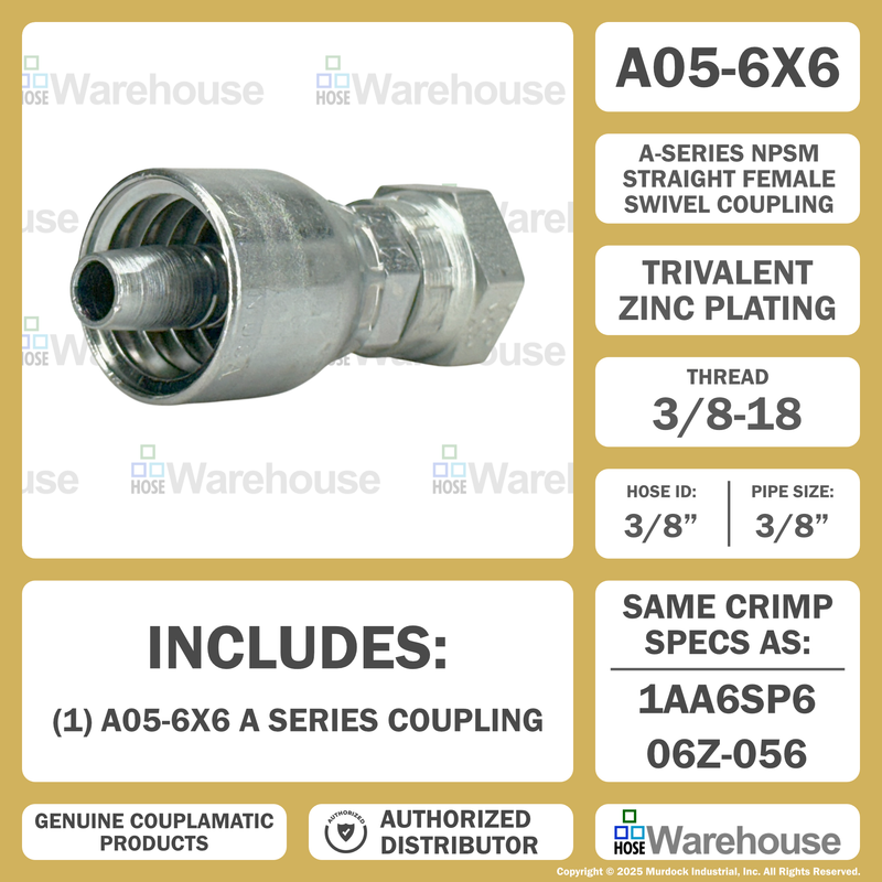 A05-6x6 by Couplamatic | A Series Coupling | 3/8" Hose ID x 3/8-18 Thread Female Swivel NPSM | Straight