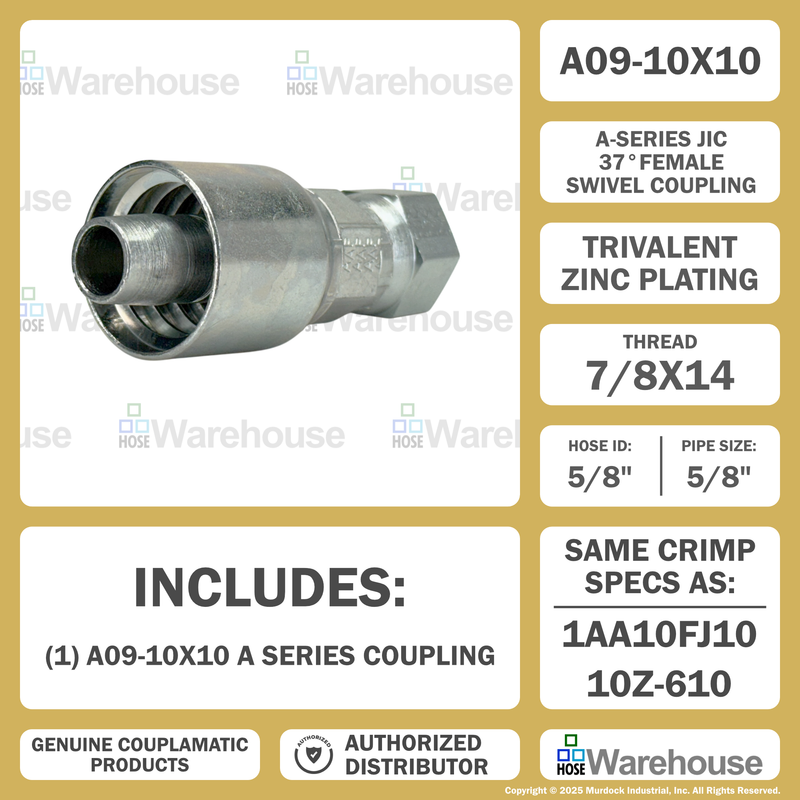 A09-10x10 by Couplamatic | A Series Coupling | 5/8" Hose ID x 7/8x14 Thread JIC 37° Female Swivel | Straight