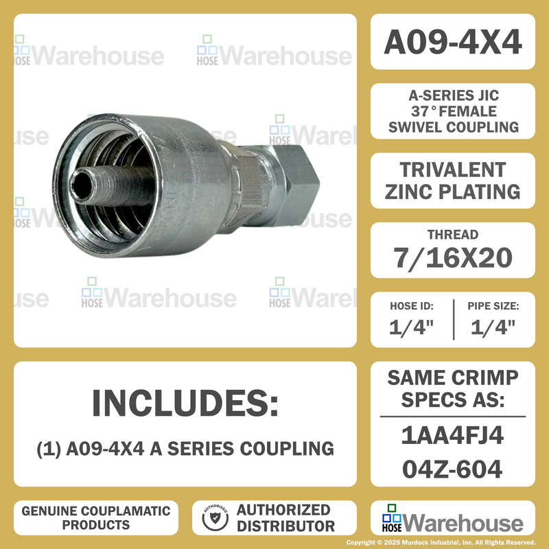 A09-4x4 by Couplamatic | A Series Coupling | 1/4" Hose ID x 7/16x20 Thread JIC 37° Female Swivel | Straight