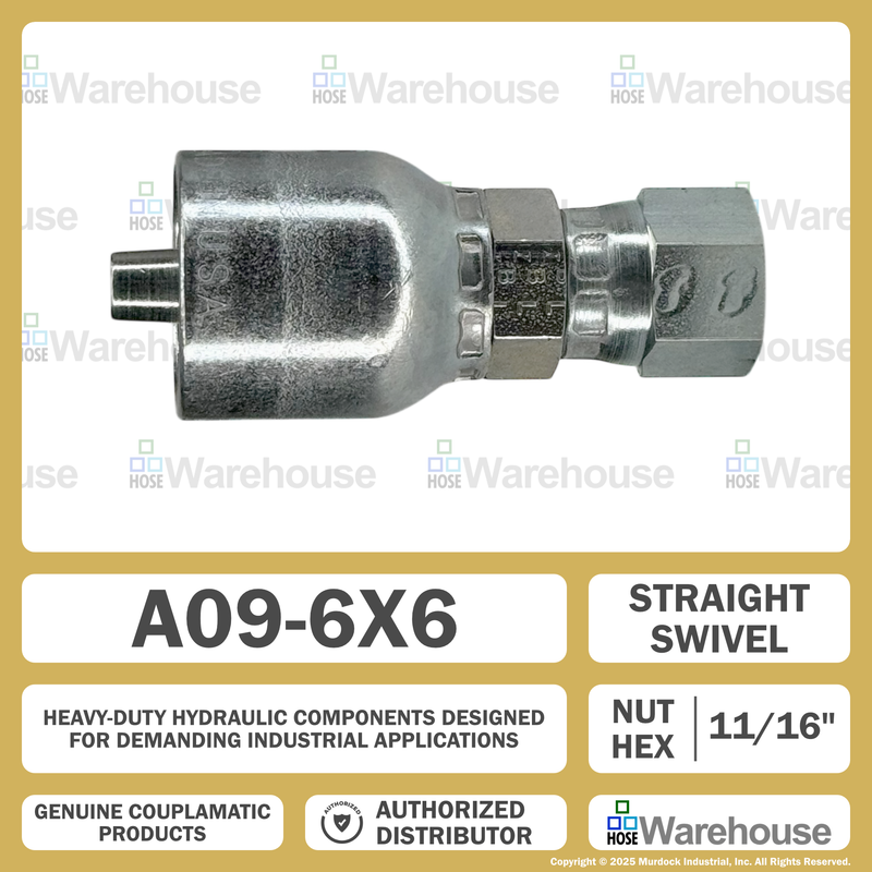 A09-6x6 by Couplamatic | A Series Coupling | 3/8" Hose ID x 9/16x18 Thread JIC 37° Female Swivel | Straight
