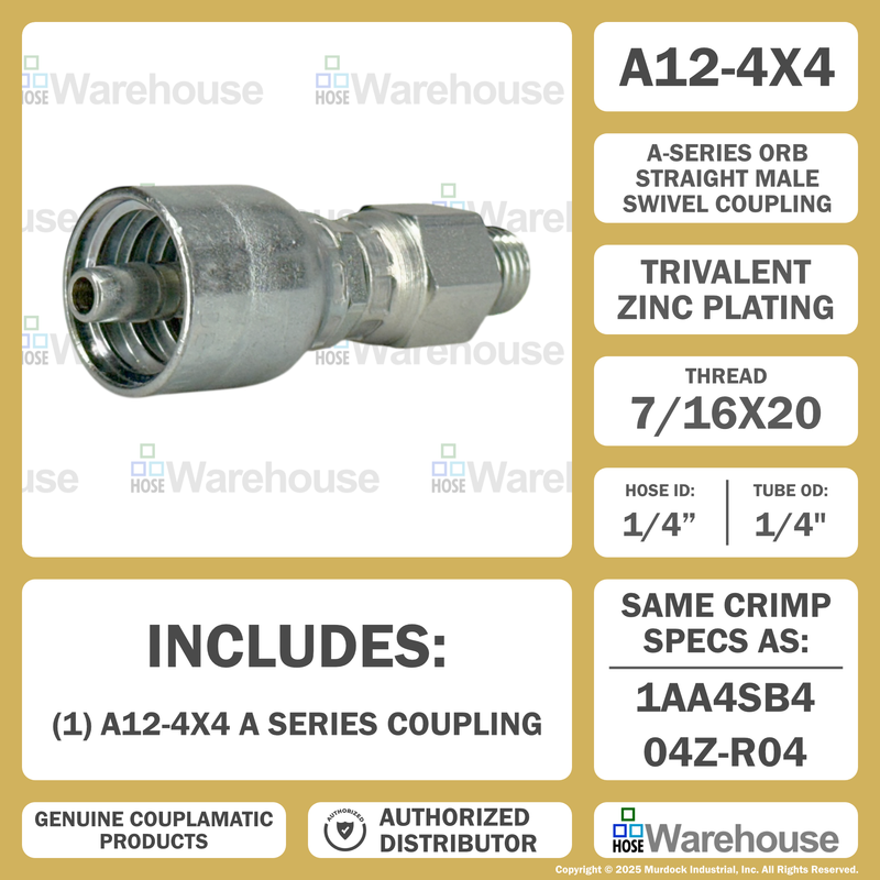 A12-4x4 by Couplamatic | A Series Coupling | 1/4" Hose ID x 7/16x20 Thread ORB Male Swivel | Straight