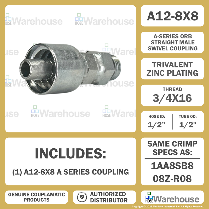 A12-8x8 by Couplamatic | A Series Coupling | 1/2" Hose ID x 3/4x16 Thread ORB Male Swivel | Straight