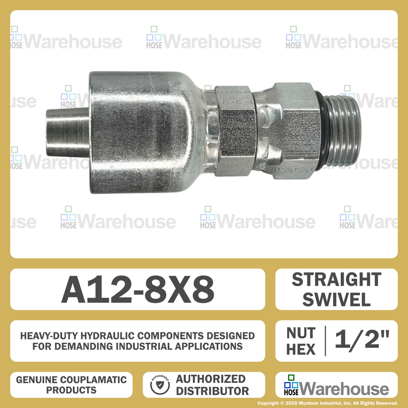 A12-8x8 by Couplamatic | A Series Coupling | 1/2" Hose ID x 3/4x16 Thread ORB Male Swivel | Straight