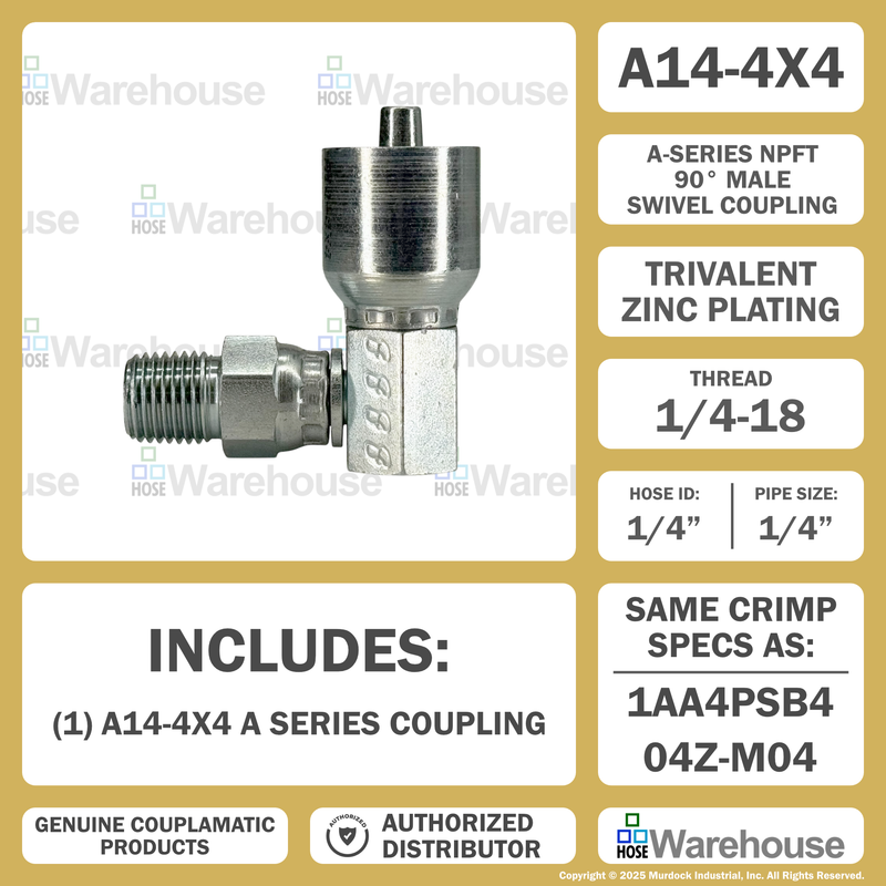 A14-4x4 by Couplamatic | A Series Coupling | 1/4" Hose ID x 1/4-18 Thread Male Swivel NPTF | 90° Elbow
