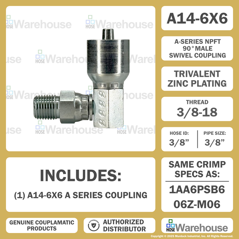 A14-6x6 by Couplamatic | A Series Coupling | 3/8" Hose ID x 3/8-18 Thread NPTF Male Swivel | 90° Elbow