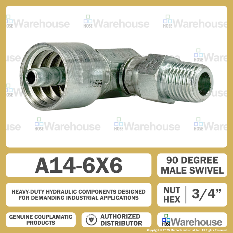 A14-6x6 by Couplamatic | A Series Coupling | 3/8" Hose ID x 3/8-18 Thread NPTF Male Swivel | 90° Elbow