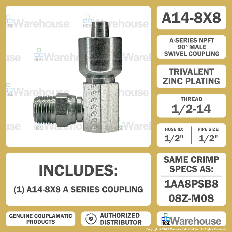 A14-8x8 by Couplamatic | A Series Coupling | 1/2" Hose ID x 1/2-14 Thread Male Swivel NPTF | 90° Elbow