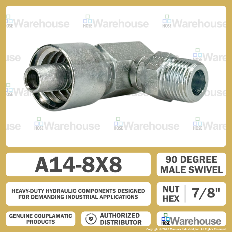 A14-8x8 by Couplamatic | A Series Coupling | 1/2" Hose ID x 1/2-14 Thread Male Swivel NPTF | 90° Elbow