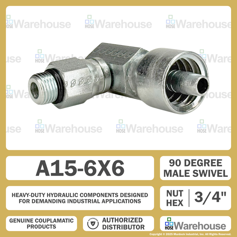 A15-6x6 by Couplamatic | A Series Coupling | 3/8" Hose ID x 9/16x18 Thread ORB Male Swivel | 90° Elbow