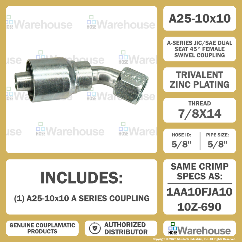 A25-10x10 by Couplamatic | A Series Coupling | 5/8" Hose ID x 7/8x14 Thread JIC/SAE Dual Seat Female Swivel | 45° Elbow