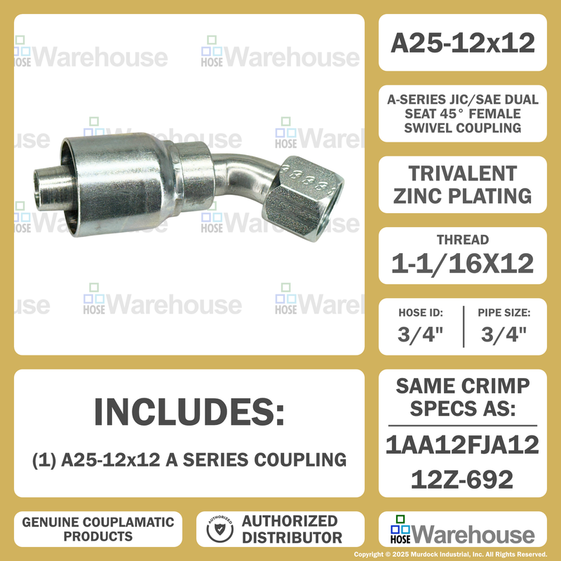A25-12x12 by Couplamatic | A Series Coupling | 3/4" Hose ID x 1-1/16x12 Thread JIC Seat Female Swivel | 45° Elbow