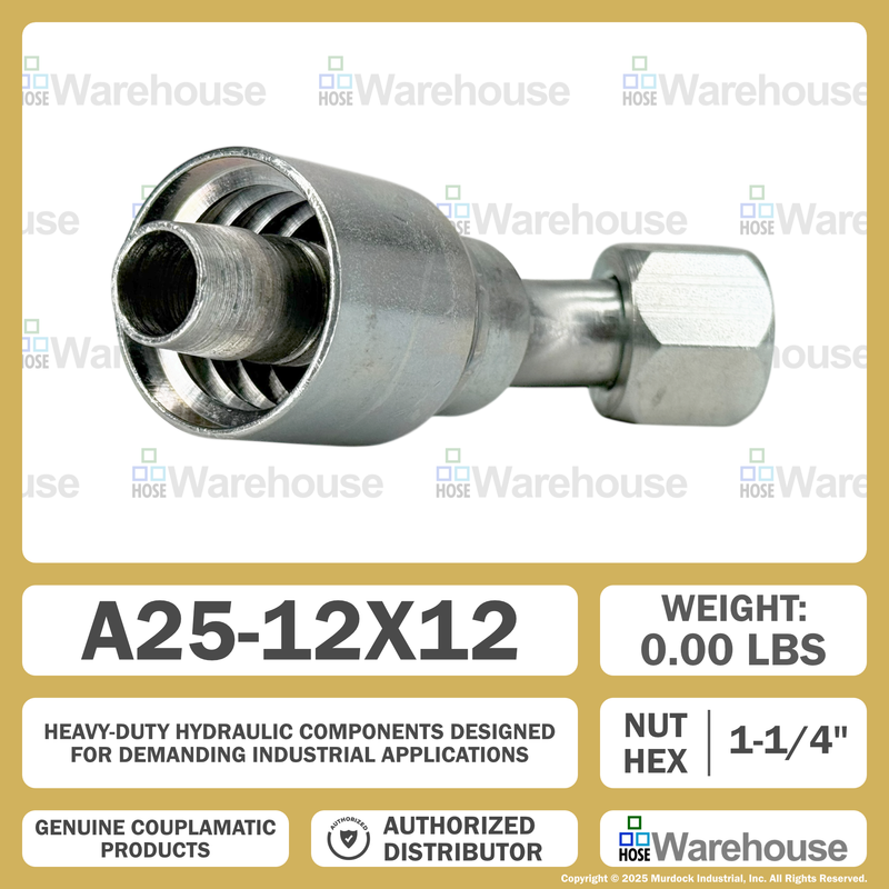 A25-12x12 by Couplamatic | A Series Coupling | 3/4" Hose ID x 1-1/16x12 Thread JIC Seat Female Swivel | 45° Elbow