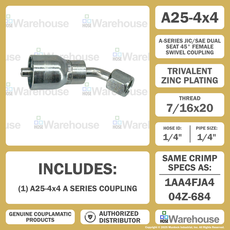 A25-4x4 by Couplamatic | A Series Coupling | 1/4" Hose ID x 7/16x20 Thread JIC/SAE Dual Seat Female Swivel | 45° Elbow