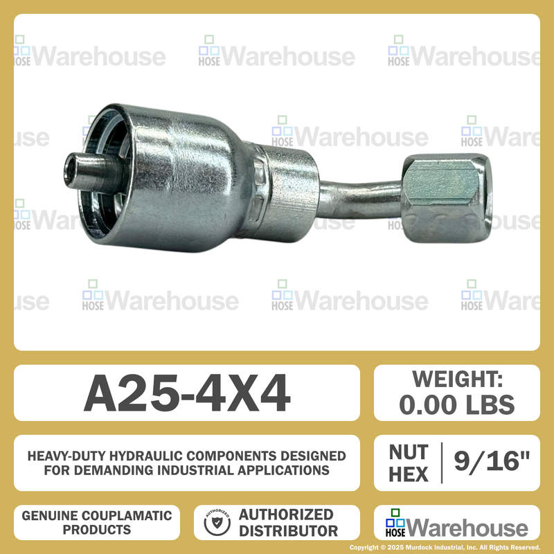 A25-4x4 by Couplamatic | A Series Coupling | 1/4" Hose ID x 7/16x20 Thread JIC/SAE Dual Seat Female Swivel | 45° Elbow