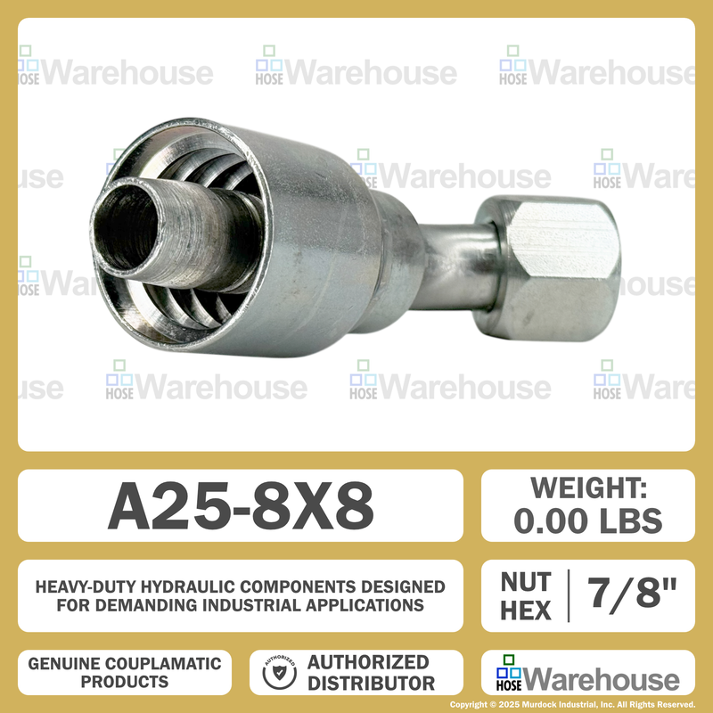 A25-8x8 by Couplamatic | A Series Coupling | 1/2" Hose ID x 3/4x16 Thread JIC/SAE Dual Seat Female Swivel | 45° Elbow