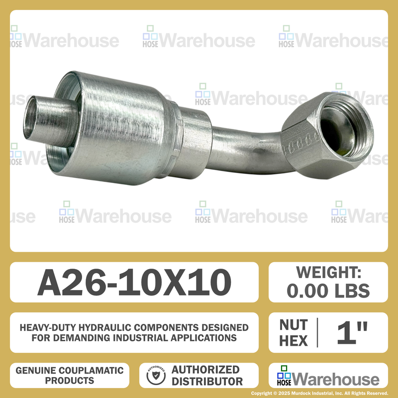 A26-10x10 by Couplamatic | A Series Coupling | 5/8" Hose ID x 7/8x14 Thread JIC/SAE Dual Seat Female Swivel | 90° Elbow