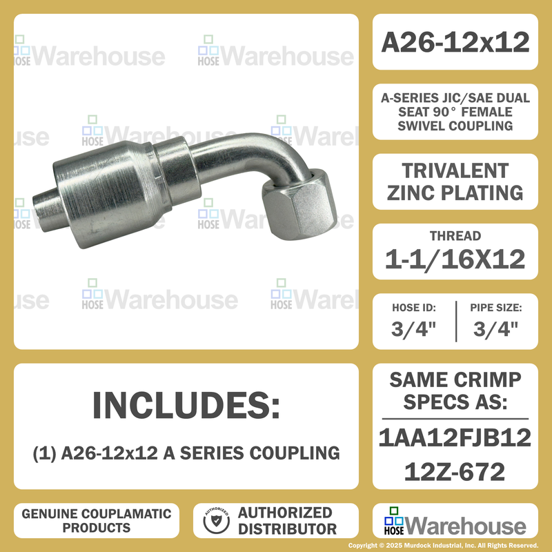 A26-12x12 by Couplamatic | A Series Coupling | 3/4" Hose ID x 1-1/16x12 Thread JIC Seat Female Swivel | 90° Elbow