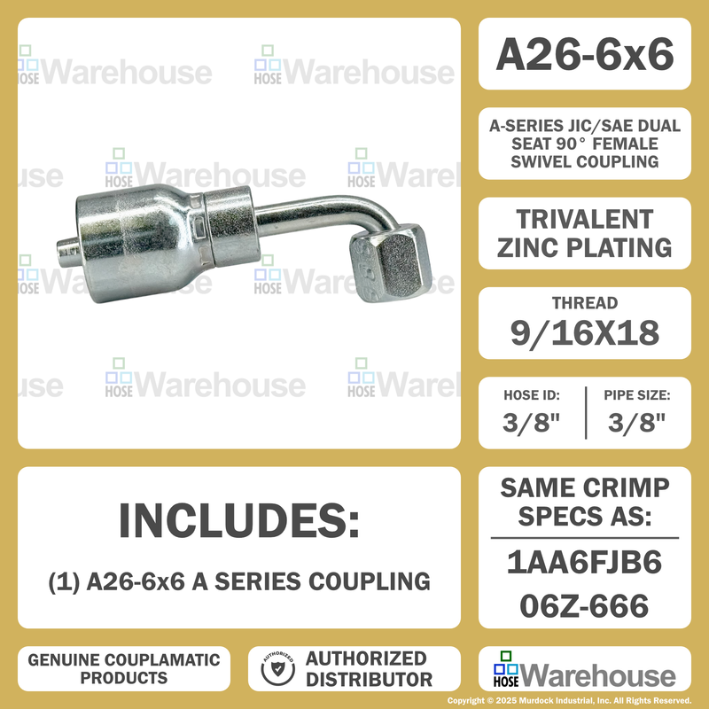 A26-6x6 by Couplamatic | A Series Coupling | 3/8" Hose ID x 9/16x18 Thread JIC Seat Female Swivel | 90° Elbow