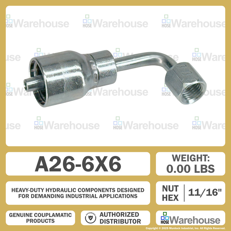 A26-6x6 by Couplamatic | A Series Coupling | 3/8" Hose ID x 9/16x18 Thread JIC Seat Female Swivel | 90° Elbow