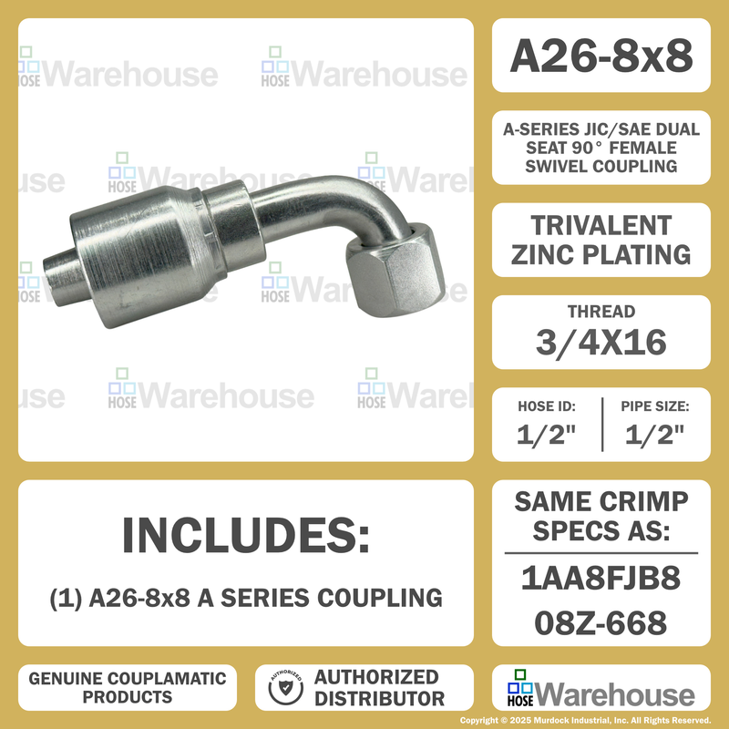 A26-8x8 by Couplamatic | A Series Coupling | 1/2" Hose ID x 3/4x16 Thread JIC/SAE Dual Seat Female Swivel | 90° Elbow