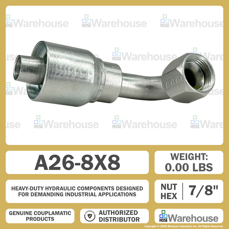 A26-8x8 by Couplamatic | A Series Coupling | 1/2" Hose ID x 3/4x16 Thread JIC/SAE Dual Seat Female Swivel | 90° Elbow