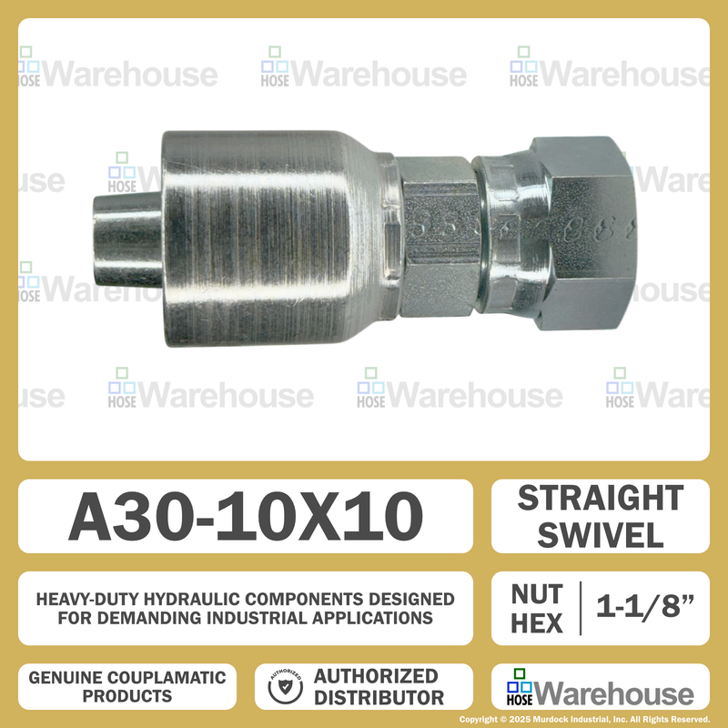A30-10x10 by Couplamatic | A Series Coupling | 5/8" Hose ID x 1x14 Thread O-Ring Face Seal | ORF Female Swivel | Straight