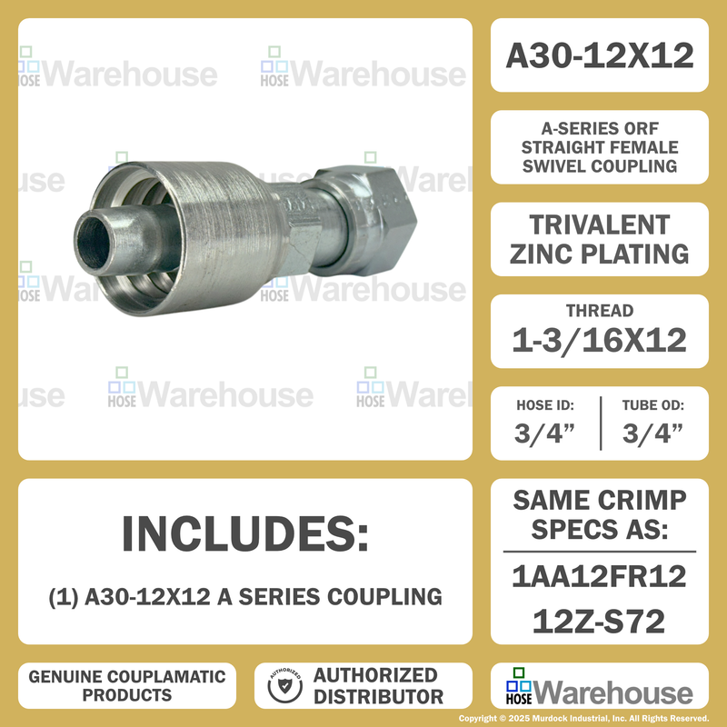 A30-12x12 by Couplamatic | A Series Coupling | 3/4" Hose ID x 1-3/16x12 Thread O-Ring Face Seal | ORF Female Swivel | Straight