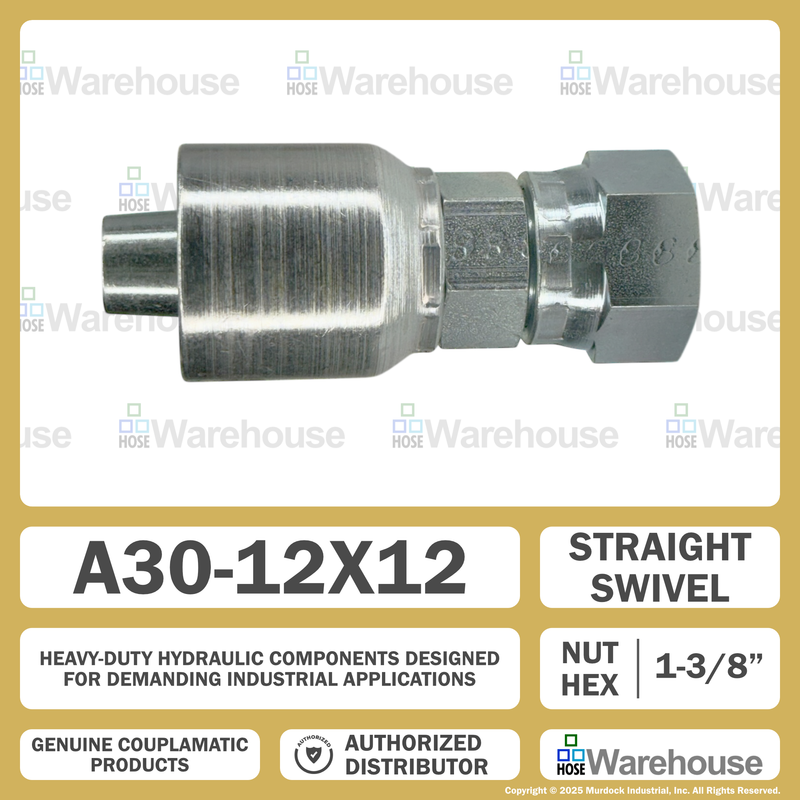 A30-12x12 by Couplamatic | A Series Coupling | 3/4" Hose ID x 1-3/16x12 Thread O-Ring Face Seal | ORF Female Swivel | Straight