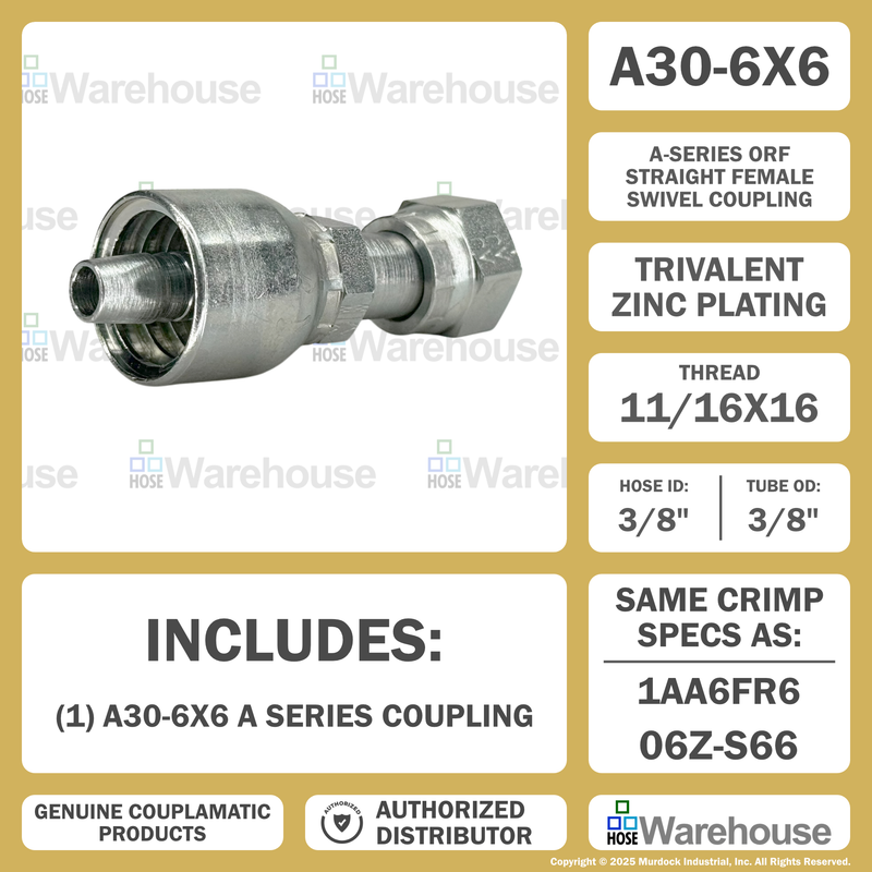 A30-6x6 by Couplamatic | A Series Coupling | 3/8" Hose ID x 11/16x16 Thread O-Ring Face Seal | ORF Female Swivel | Straight