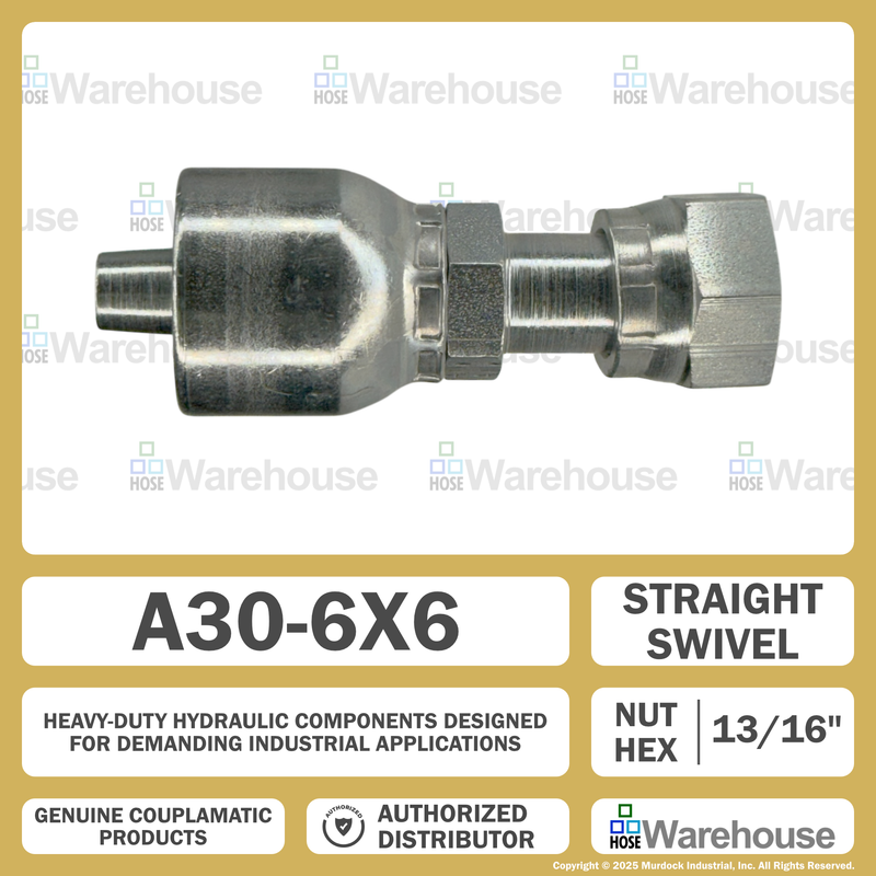 A30-6x6 by Couplamatic | A Series Coupling | 3/8" Hose ID x 11/16x16 Thread O-Ring Face Seal | ORF Female Swivel | Straight