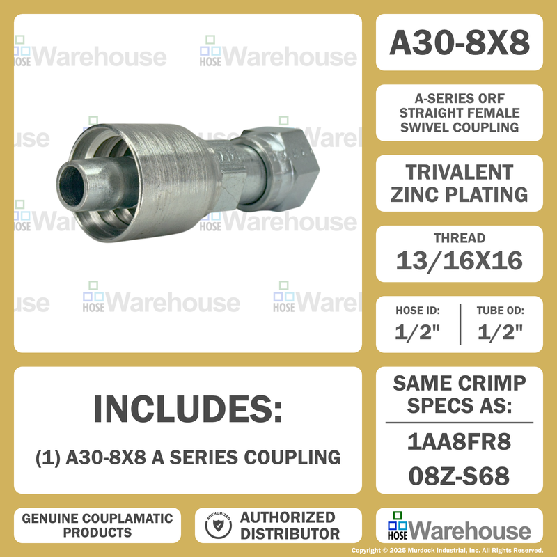 A30-8x8 by Couplamatic | A Series Coupling | 1/2" Hose ID x 13/16x16 Thread O-Ring Face Seal | ORF Female Swivel | Straight