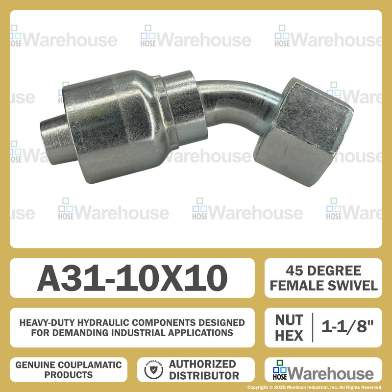 A31-10x10 by Couplamatic | A Series Coupling | 5/8" Hose ID x 1x14 Thread O-Ring Face Seal | ORF Female Swivel | 45° Elbow