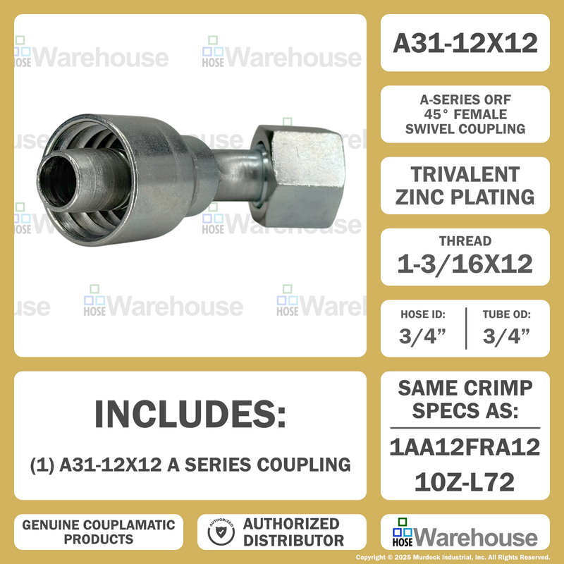 A31-12x12 by Couplamatic | A Series Coupling | 3/4" Hose ID x 1-3/16x12 Thread O-Ring Face Seal | ORF Female Swivel | 45° Elbow