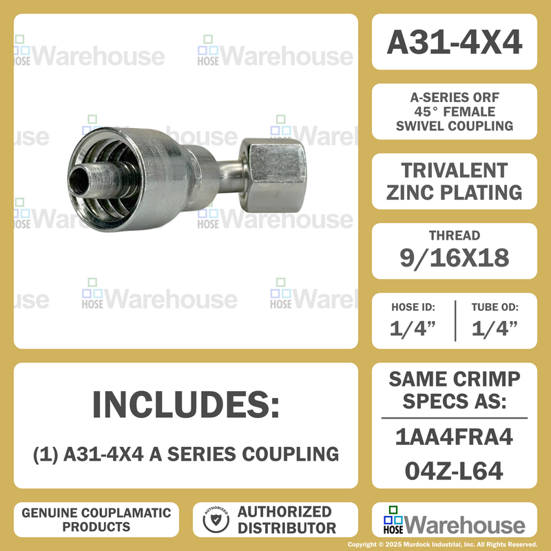 A31-4x4 by Couplamatic | A Series Coupling | 1/4" Hose ID x 9/16x18 Thread O-Ring Face Seal | ORF Female Swivel | 45° Elbow